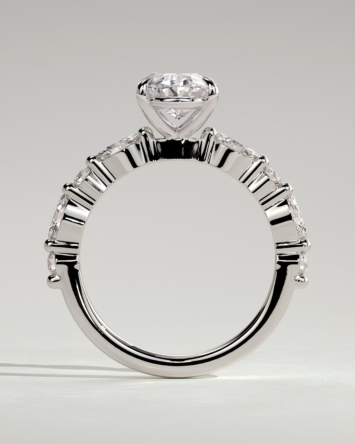 Alyssa - Oval Claw Solitaire with Marquise and Round Accent Stones Engagement Ring - Platinum - White Gold / Platinum 2ct