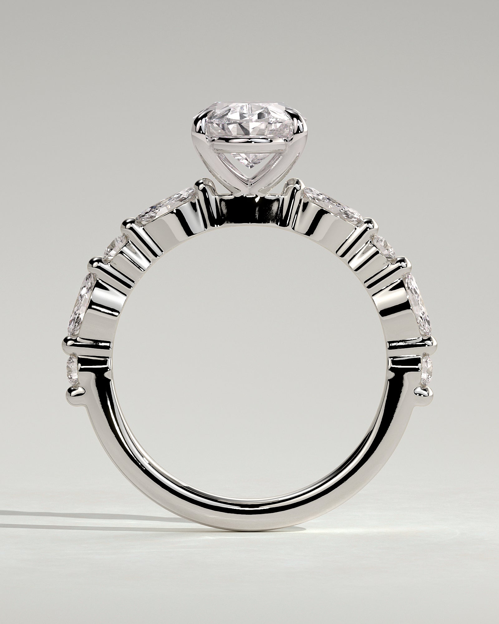 Alyssa - Oval Claw Solitaire with Marquise and Round Accent Stones Engagement Ring - Platinum - White Gold / Platinum 2ct