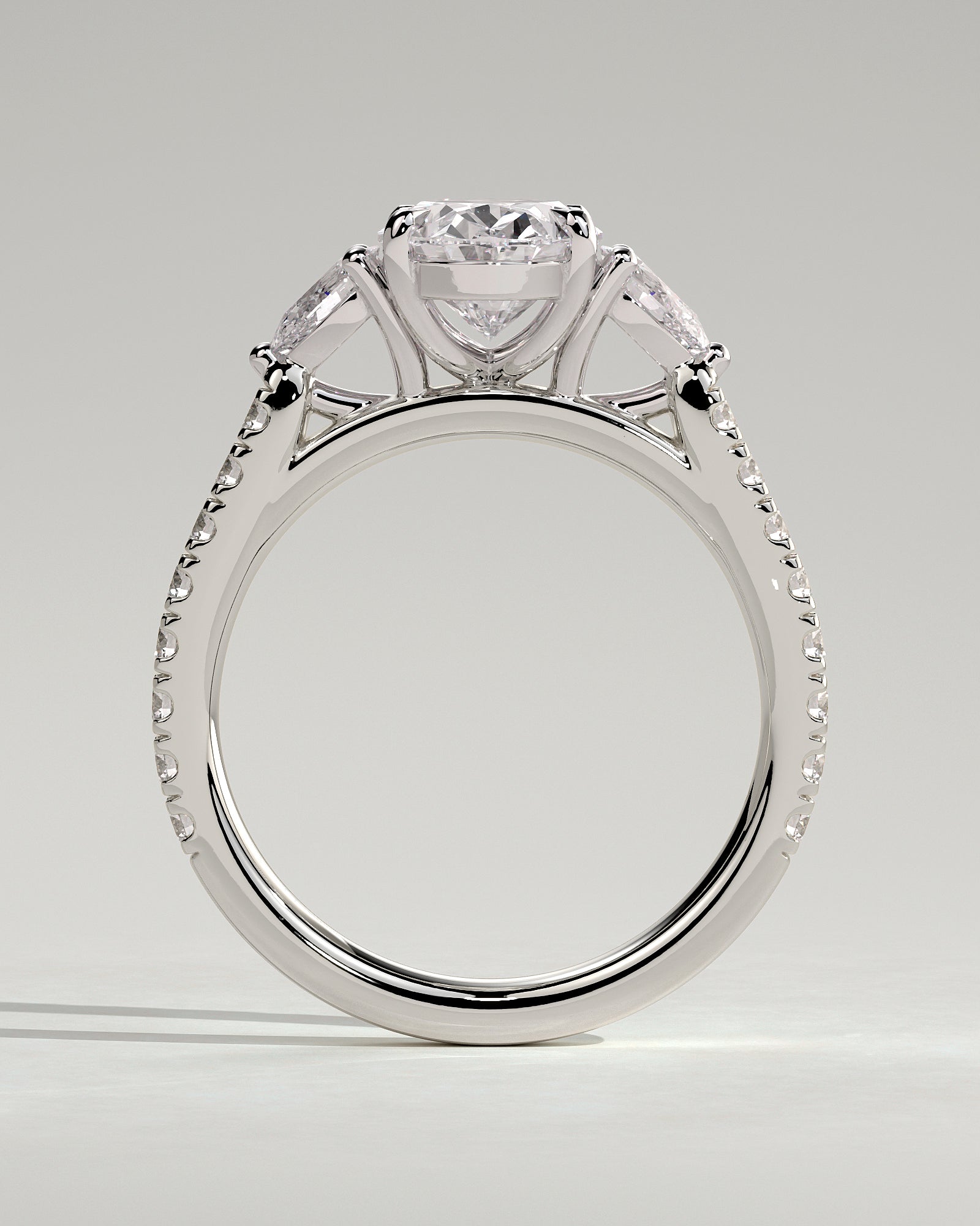 Arabella - Oval Claw Trilogy with Pear Side Stones and Pave Band Engagement Ring - Platinum - White Gold / Platinum 2ct