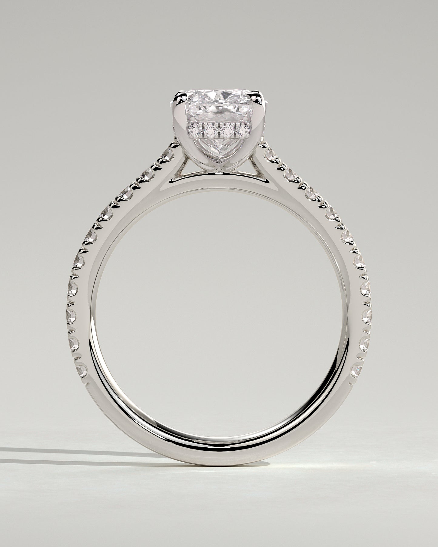 Annika - Elongated Cushion Claw Solitaire with Hidden Halo, Pave Band and Cathedral High Setting Engagement Ring - Platinum - White Gold / Platinum 2ct