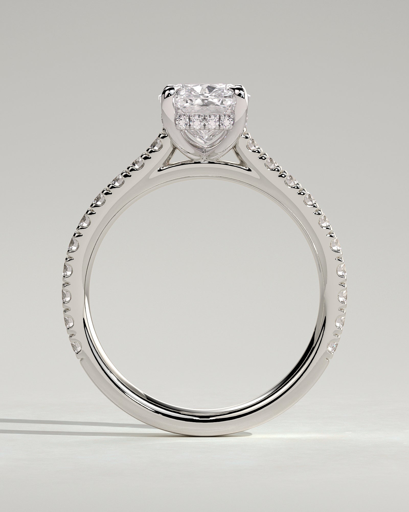 Annika - Elongated Cushion Claw Solitaire with Hidden Halo, Pave Band and Cathedral High Setting Engagement Ring - Platinum - White Gold / Platinum 2ct