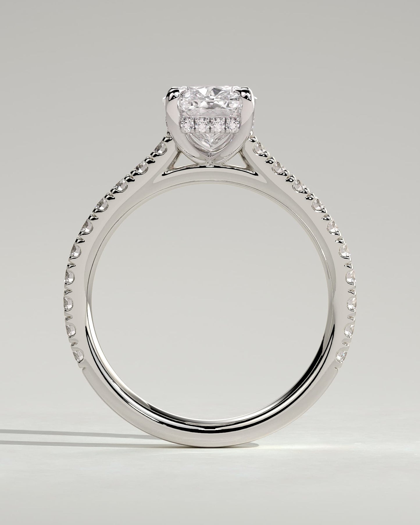 Annika - Elongated Cushion Claw Solitaire with Hidden Halo, Pave Band and Cathedral High Setting Engagement Ring - White Gold