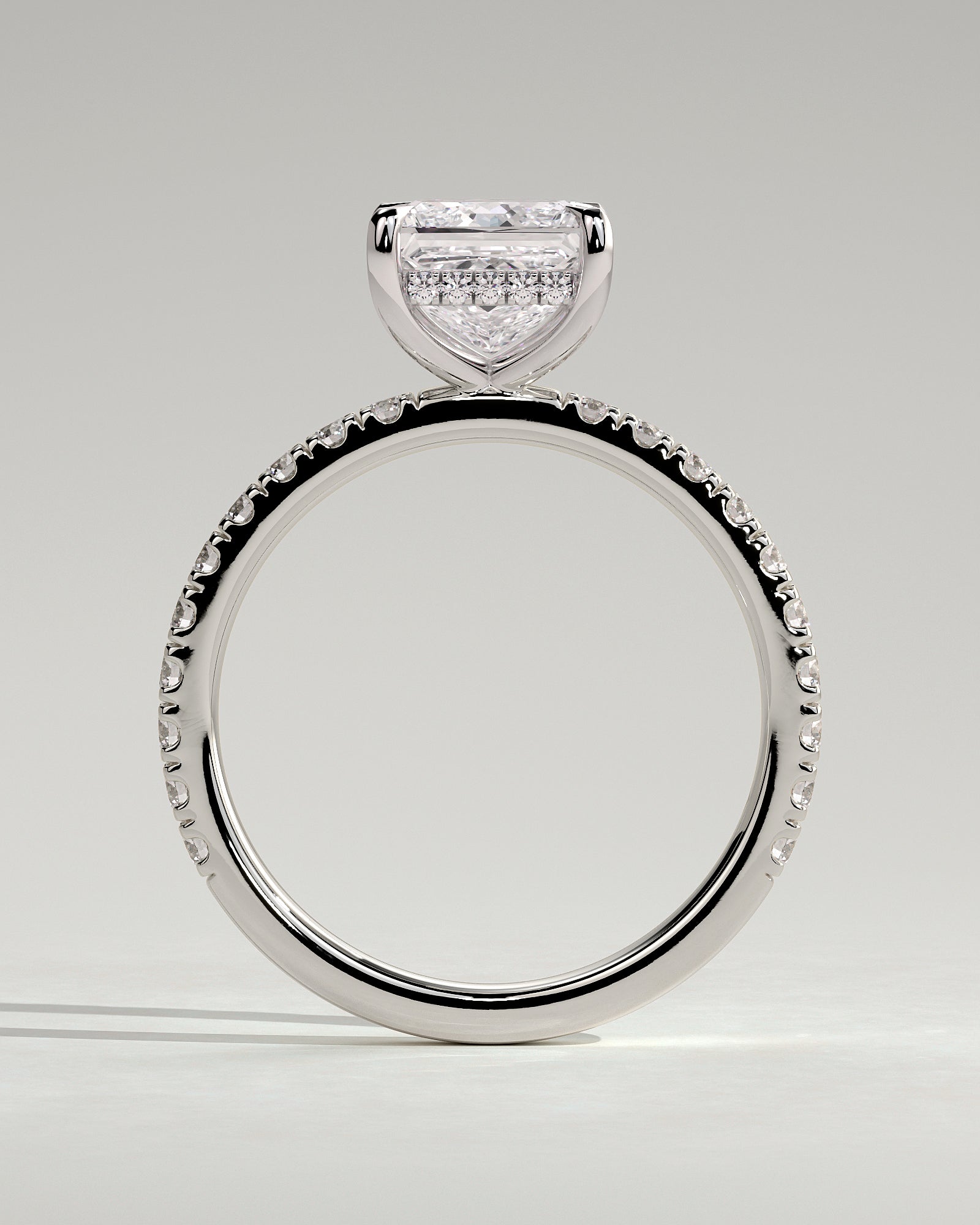 Annie - Princess Claw Solitaire with Hidden Halo and Pave Band Engagement Ring - Platinum - White Gold / Platinum 2ct