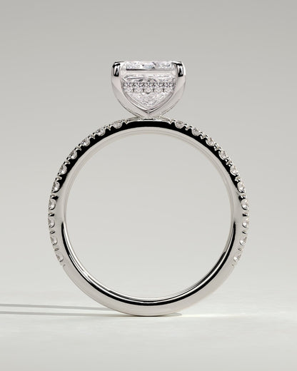 Annie - Princess Claw Solitaire with Hidden Halo and Pave Band Engagement Ring - White Gold - white gold - Lara Jewels