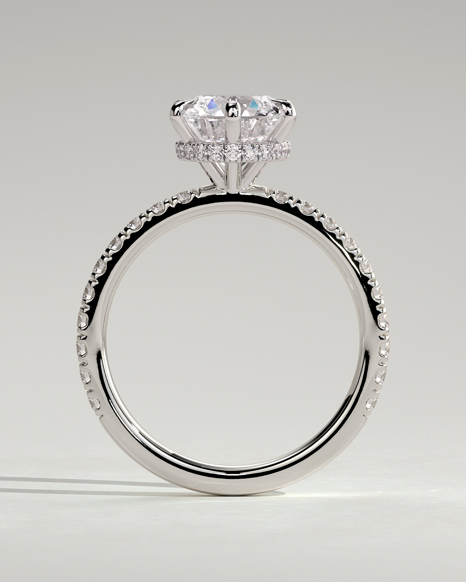 Amanda - Round Claw Solitaire with Wrap Around Hidden Halo and Pave Band Engagement Ring - Platinum - White Gold / Platinum 2ct