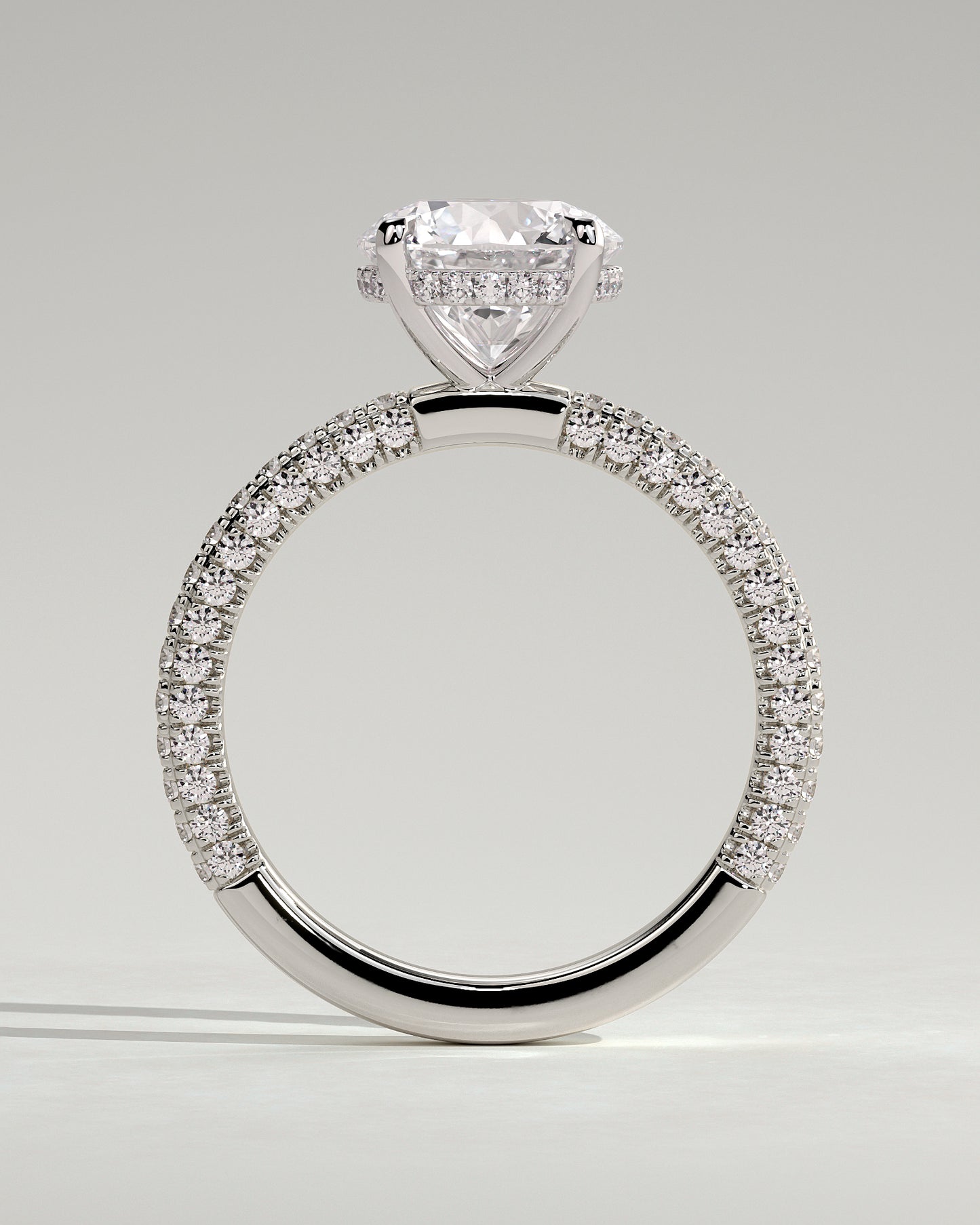 Alex - Round Claw Solitaire with Hidden Halo and Triple Pave Band Engagement Ring - Platinum - White Gold / Platinum 2ct