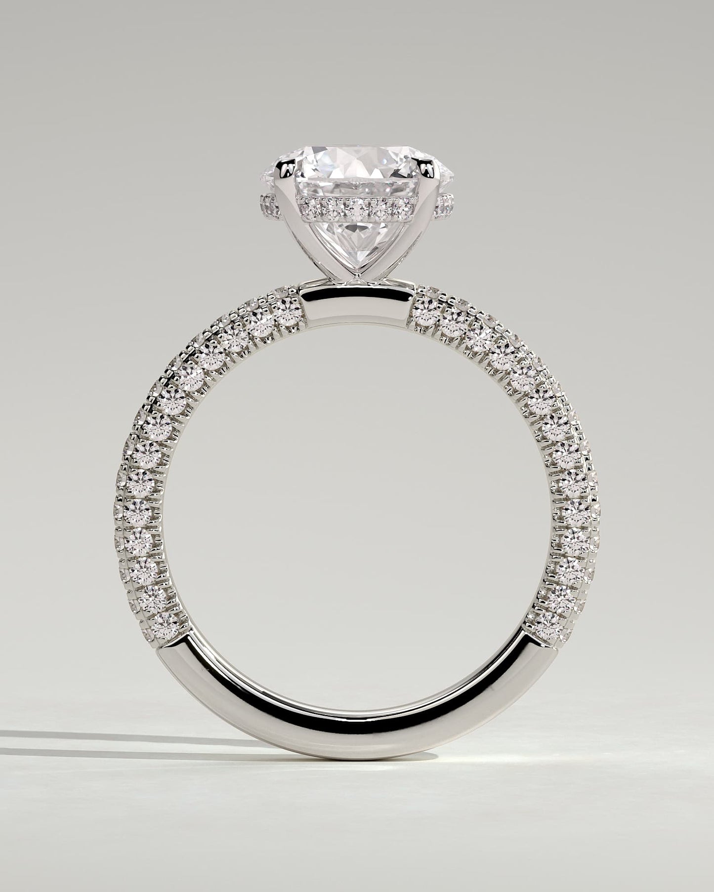Alex - Round Claw Solitaire with Hidden Halo and Triple Pave Band Engagement Ring - White Gold - white gold - Lara Jewels