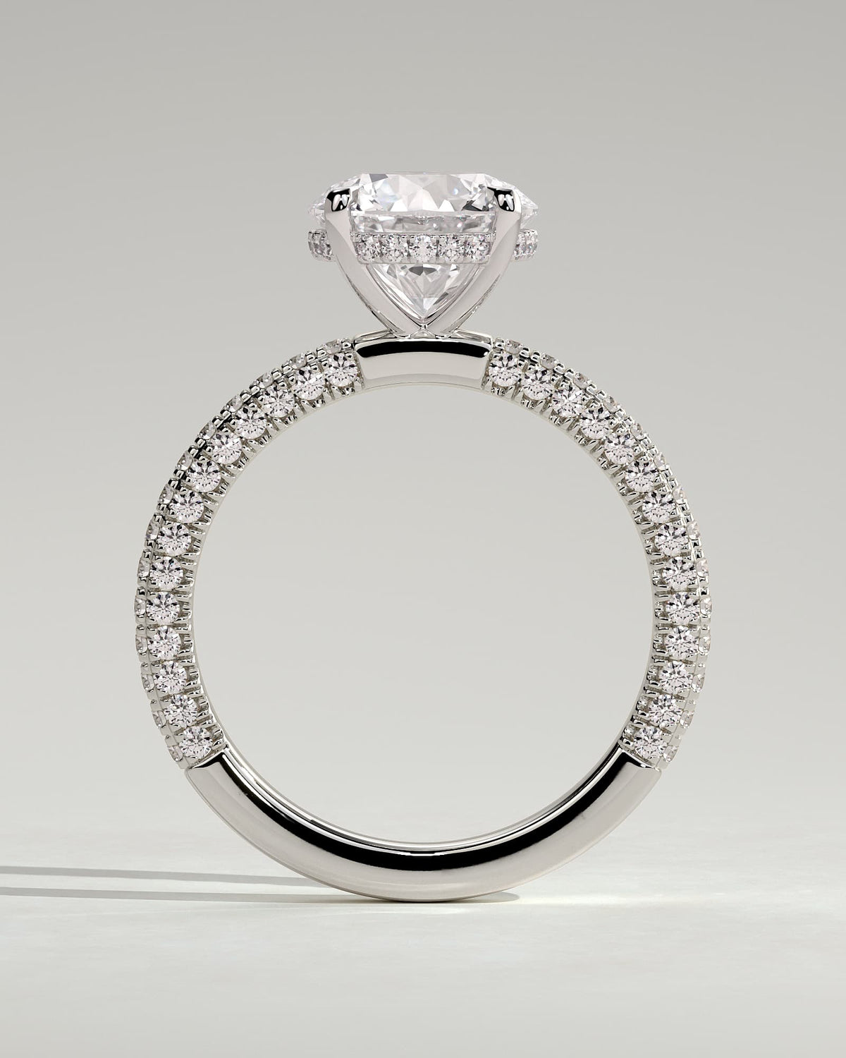 Alex - Round Claw Solitaire with Hidden Halo and Triple Pave Band Engagement Ring - White Gold - white gold - Lara Jewels