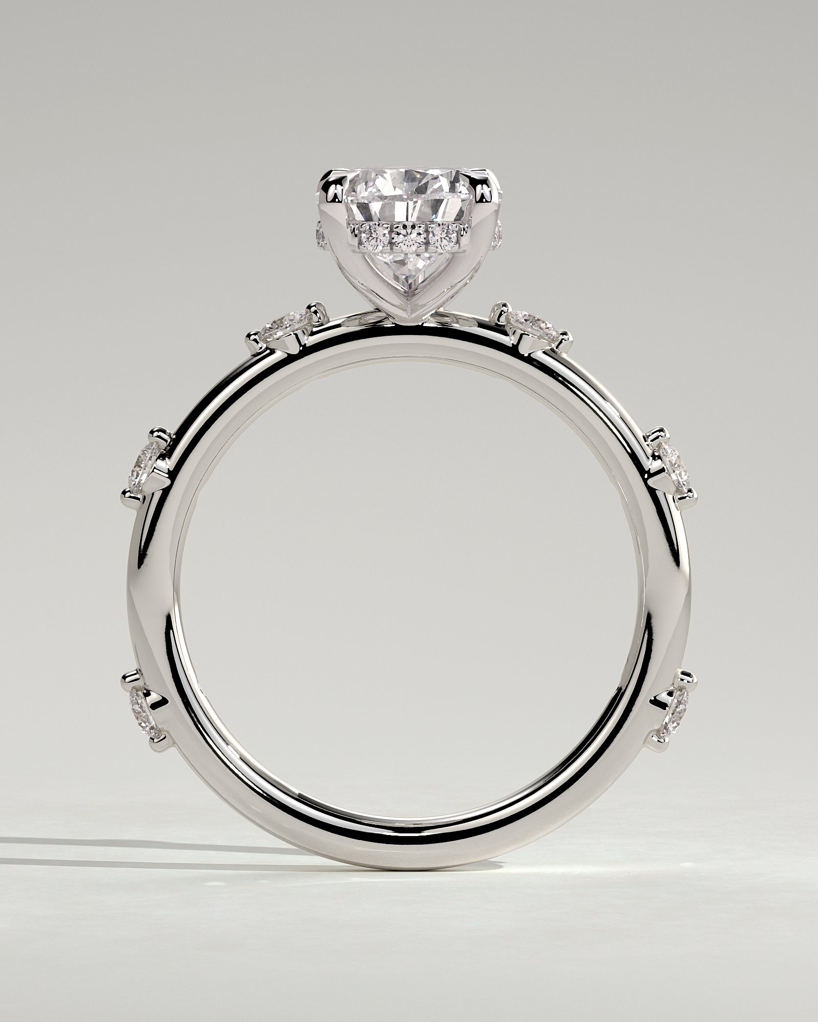 Amora - Pear Claw Solitaire with 6 Spaced Round Accent Stones and Hidden Halo Engagement Ring - Platinum - White Gold / Platinum 2ct