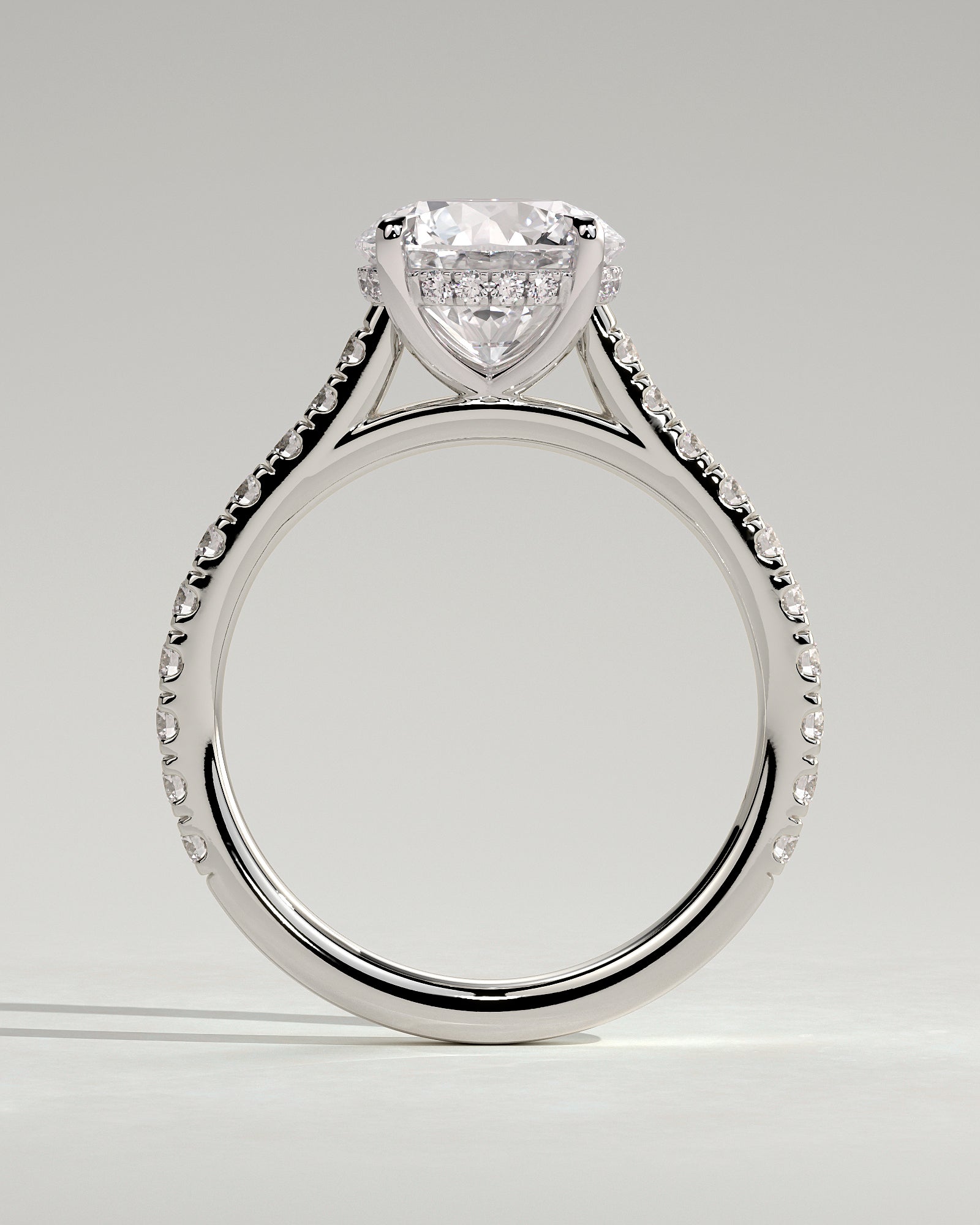 Ashlea - Round Claw Solitaire with Hidden Halo, Pave Band and Cathedral High Setting Engagement Ring - Platinum - White Gold / Platinum 2ct