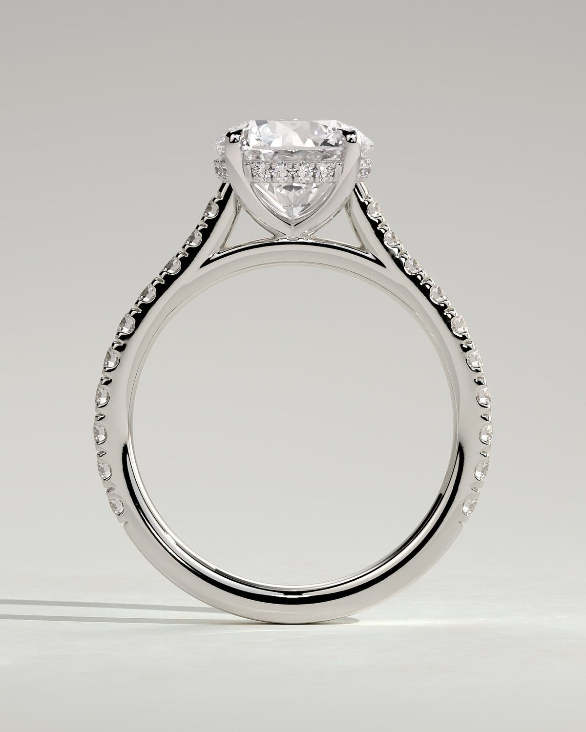 Ashlea - Round Claw Solitaire with Hidden Halo, Pave Band and Cathedral High Setting Engagement Ring - White Gold