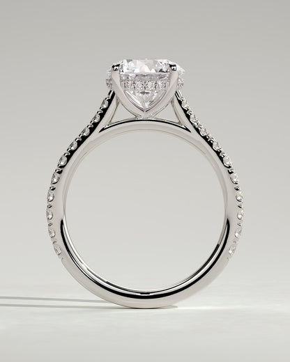 Ashlea - Round Claw Solitaire with Hidden Halo, Pave Band and Cathedral High Setting Engagement Ring - White Gold