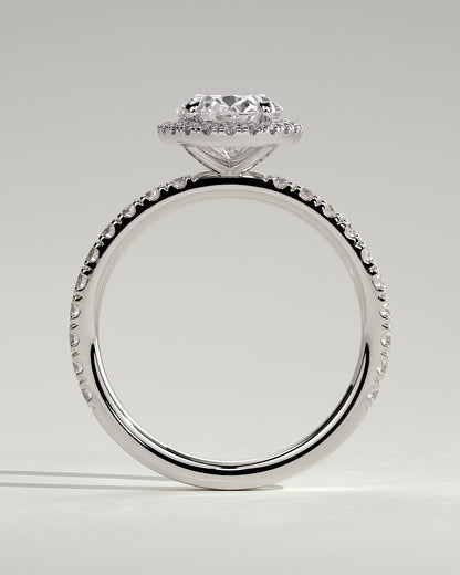Aurora - Oval Claw Solitaire with Halo and Pave Band Engagement Ring - Platinum