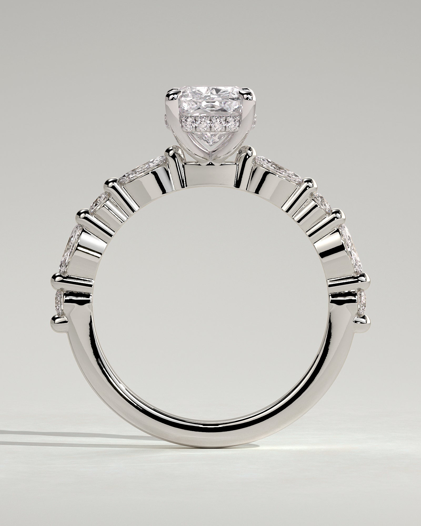 Cali - Elongated Cushion Claw Solitaire with Marquise-Round Accent Stones and Hidden Halo Engagement Ring - Platinum - White Gold / Platinum 2ct