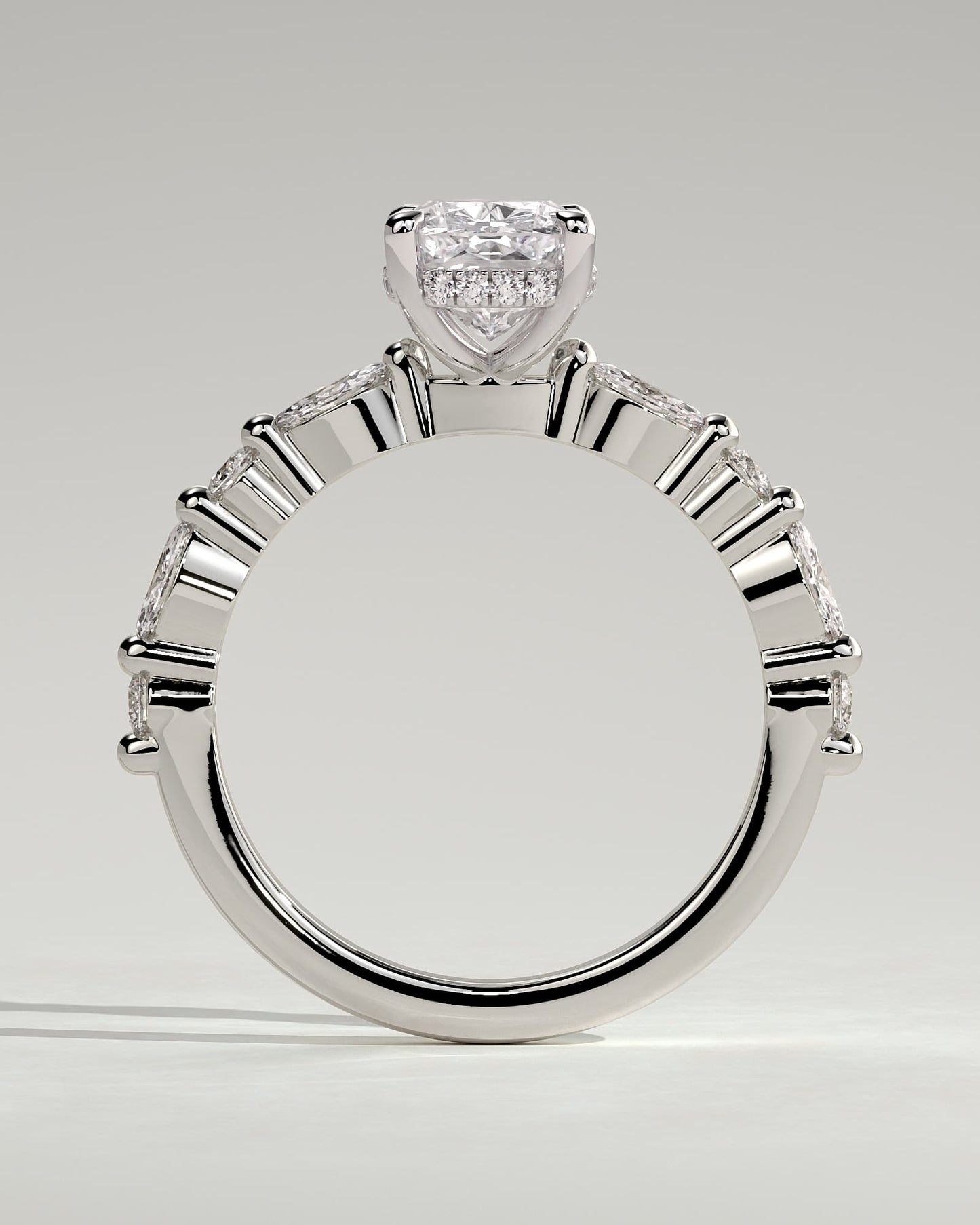 Cali - Elongated Cushion Claw Solitaire with Marquise-Round Accent Stones and Hidden Halo Engagement Ring - White Gold