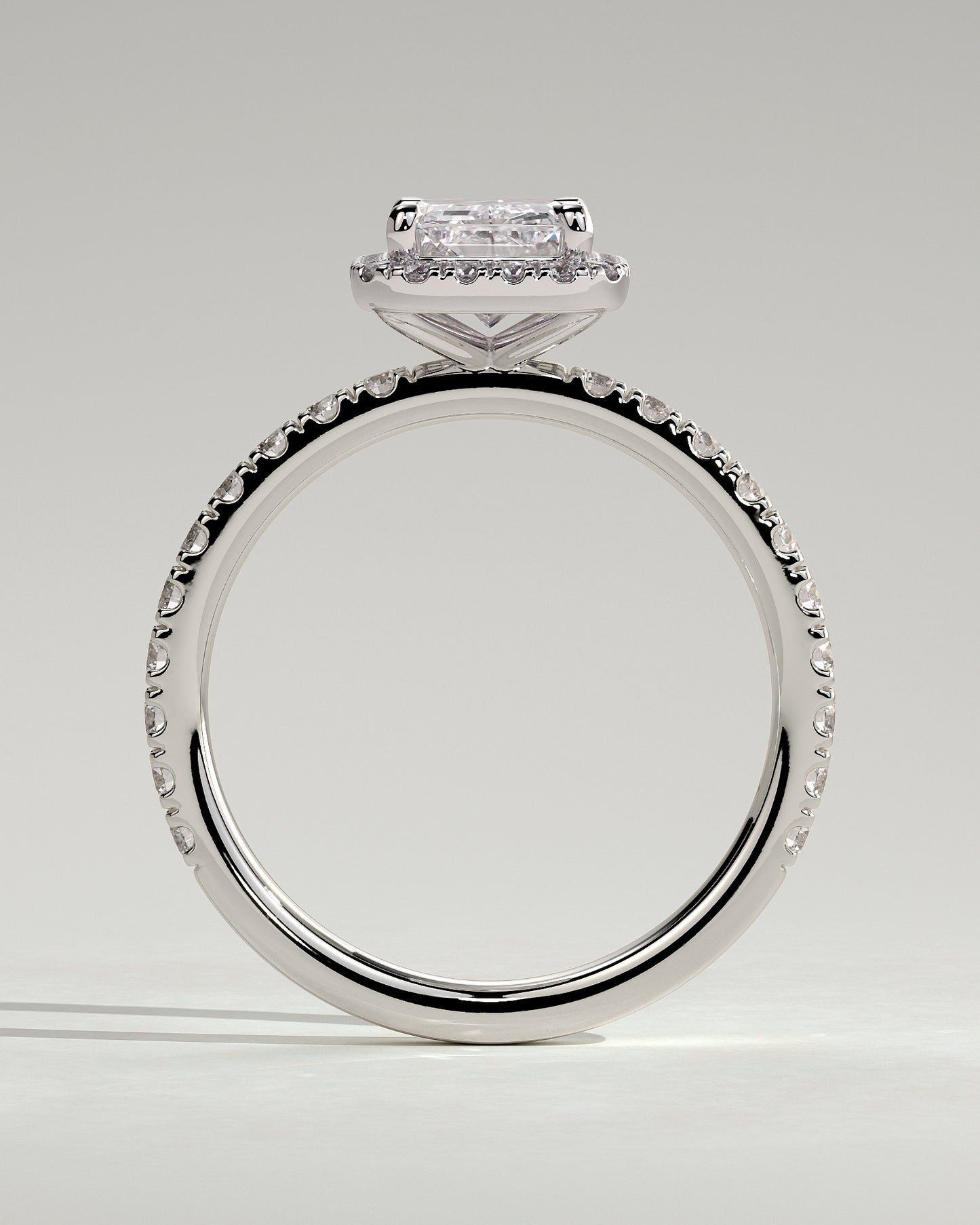 Catherine - Radiant Claw Solitaire with Halo and Pave Band Engagement Ring - Platinum - White Gold / Platinum 2ct