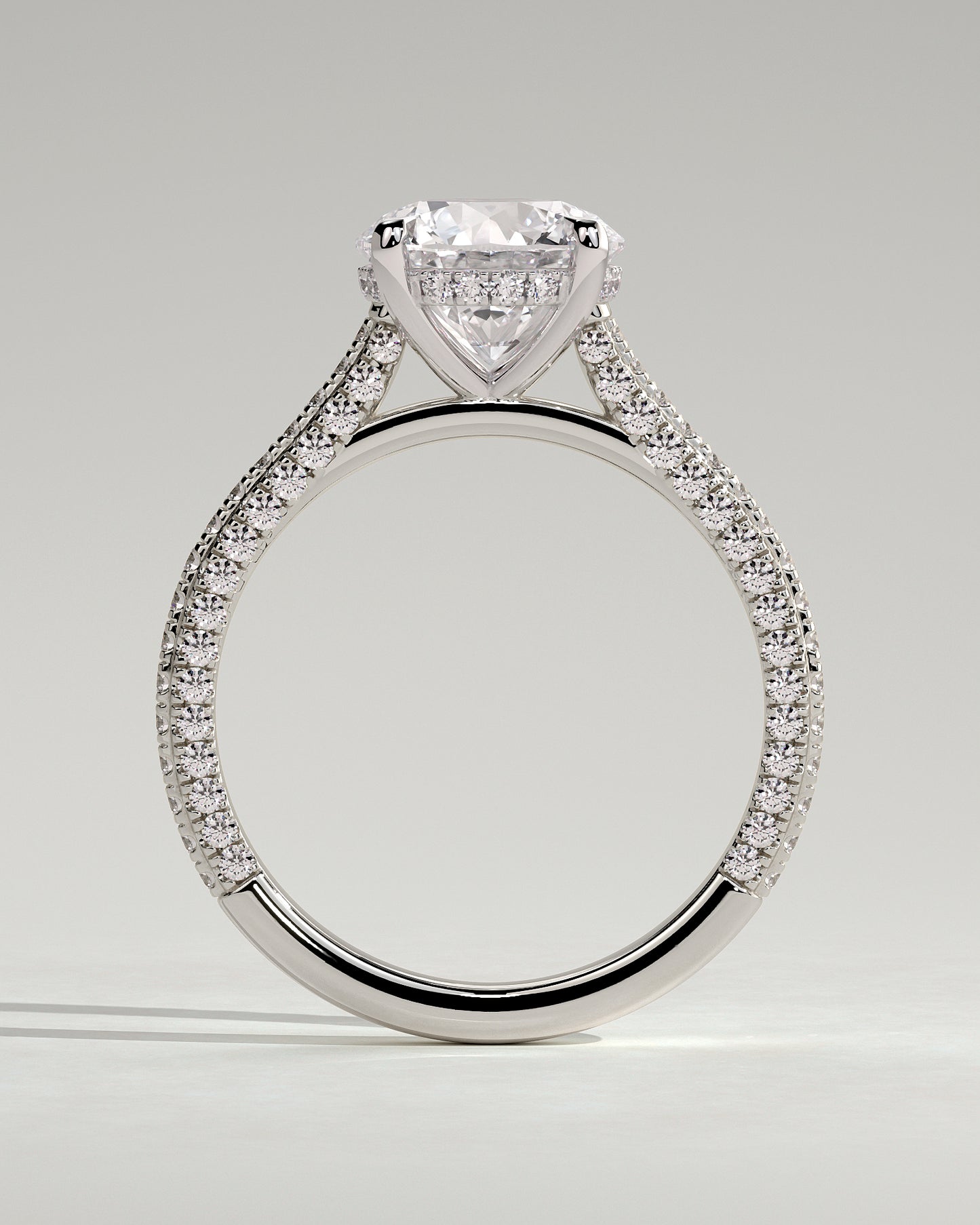 Chelsea - Round Claw Solitaire with Hidden Halo, Triple Pave Band and Cathedral High Setting Engagement Ring - Platinum - White Gold / Platinum 2ct