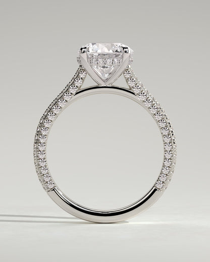 Chelsea - Round Claw Solitaire with Hidden Halo, Triple Pave Band and Cathedral High Setting Engagement Ring - Platinum