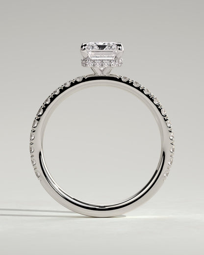 Eliana - Emerald Claw Solitaire with Wrap Around Hidden Halo and Pave Band Engagement Ring - White Gold