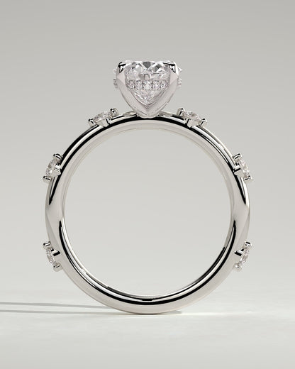 Elise - Oval Claw Solitaire with 6 Spaced Round Accent Stones and Hidden Halo Engagement Ring - Platinum