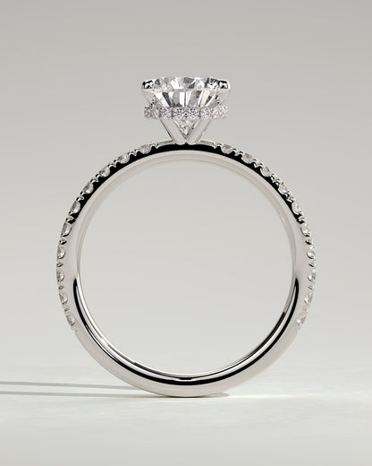 Keira - Pear Claw Solitaire with Wrap Around Hidden Halo and Pave Band Engagement Ring - White Gold