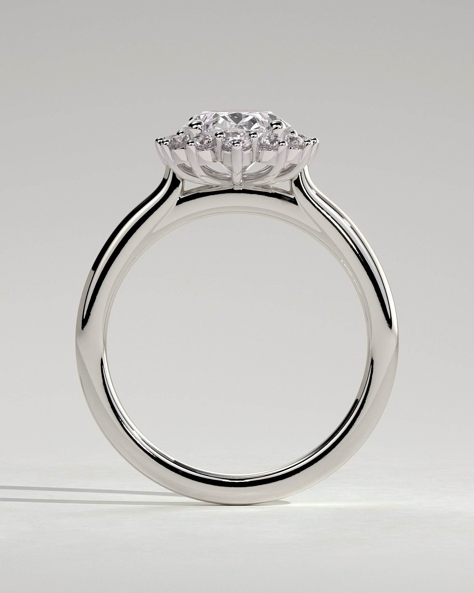 Arielle - Oval Claw Solitaire with Sunburst Halo and Cathedral High Setting Engagement Ring - Platinum - White Gold / Platinum 2ct