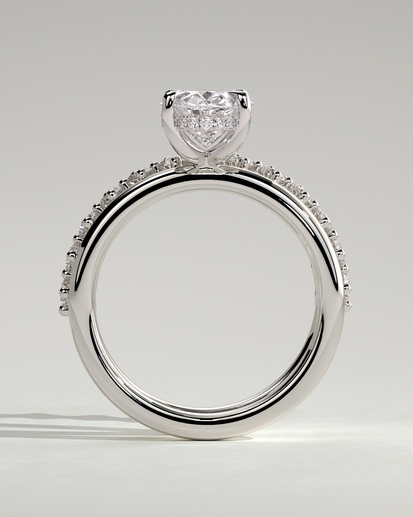 Athena - Oval Claw Solitaire with Double Plain-and-Round-Accent Stones Band Engagement Ring - Platinum - White Gold / Platinum 2ct