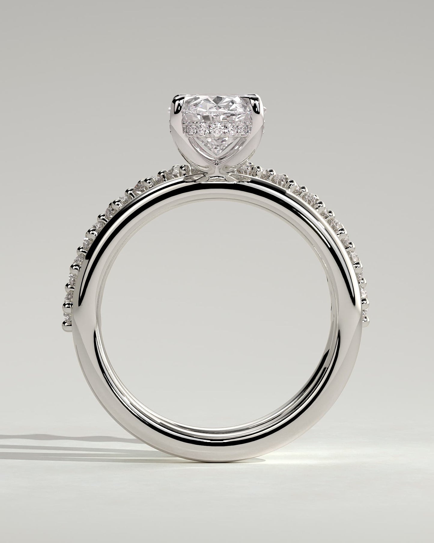 Athena - Oval Claw Solitaire with Double Plain-and-Round-Accent Stones Band Engagement Ring - White Gold