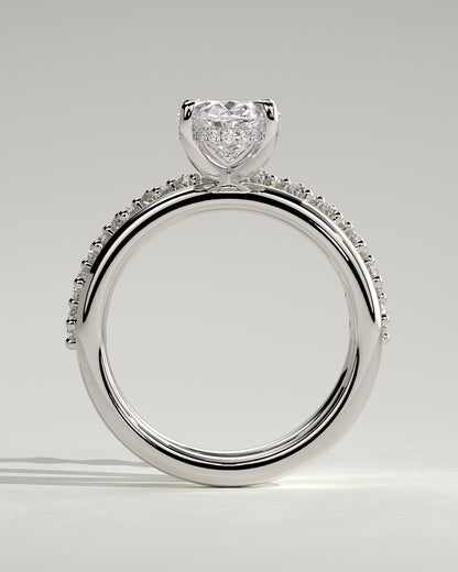 Athena - Oval Claw Solitaire with Double Plain-and-Round-Accent Stones Band Engagement Ring - White Gold
