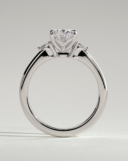 Elena - Oval Claw Trilogy with Pear Side Stones and Tulip Detail Engagement Ring - White Gold