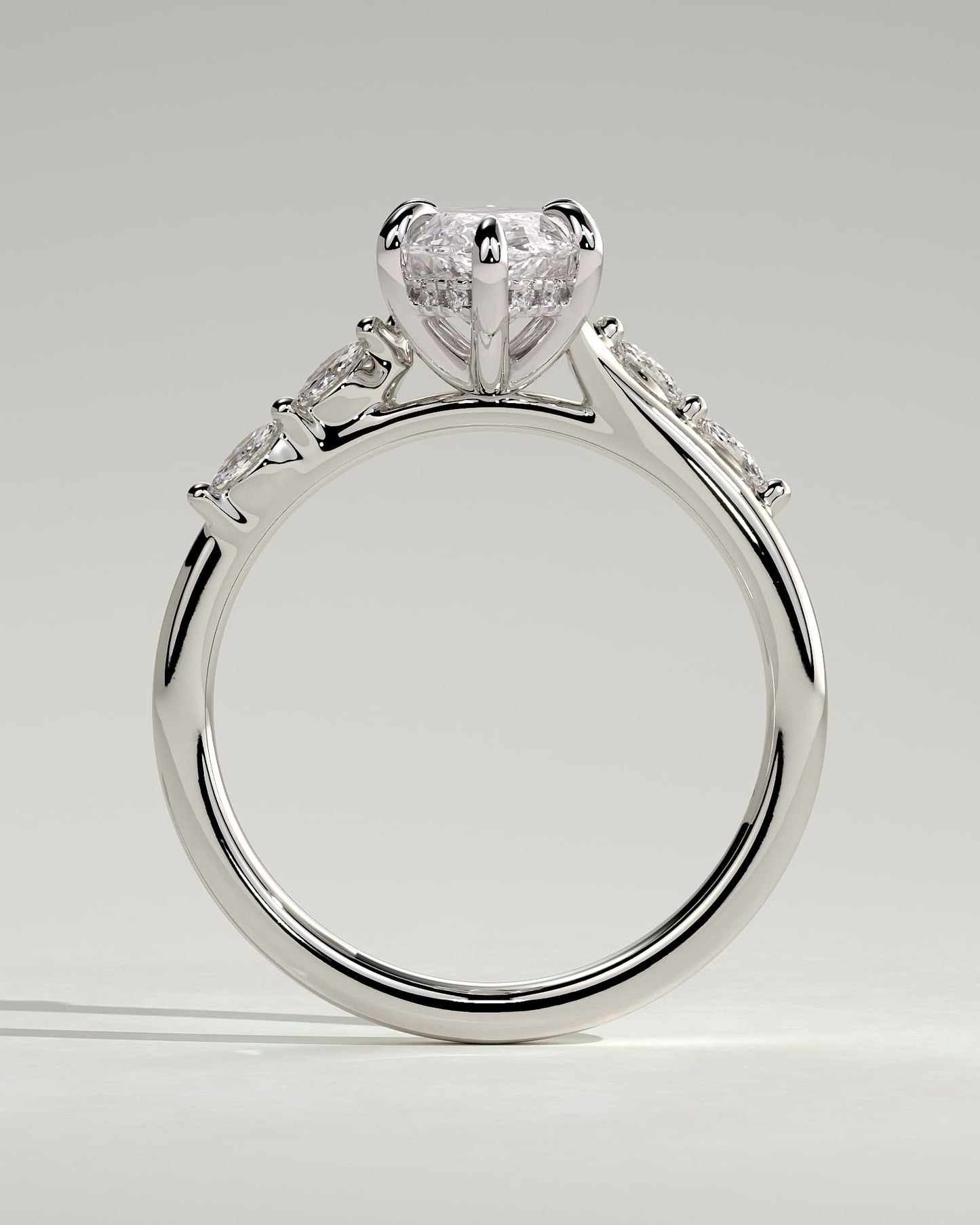 Elsie - Marquise Claw Solitaire with Hidden Halo, Opposing Marquise Accents and Cathedral High Setting Engagement Ring - White Gold