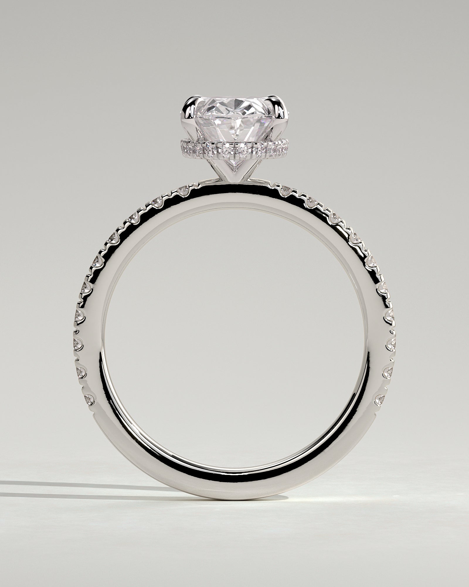 Evangeline - Oval Claw Solitaire with Wrap Around Hidden Halo and Pave Band Engagement Ring - Platinum - White Gold / Platinum 2ct