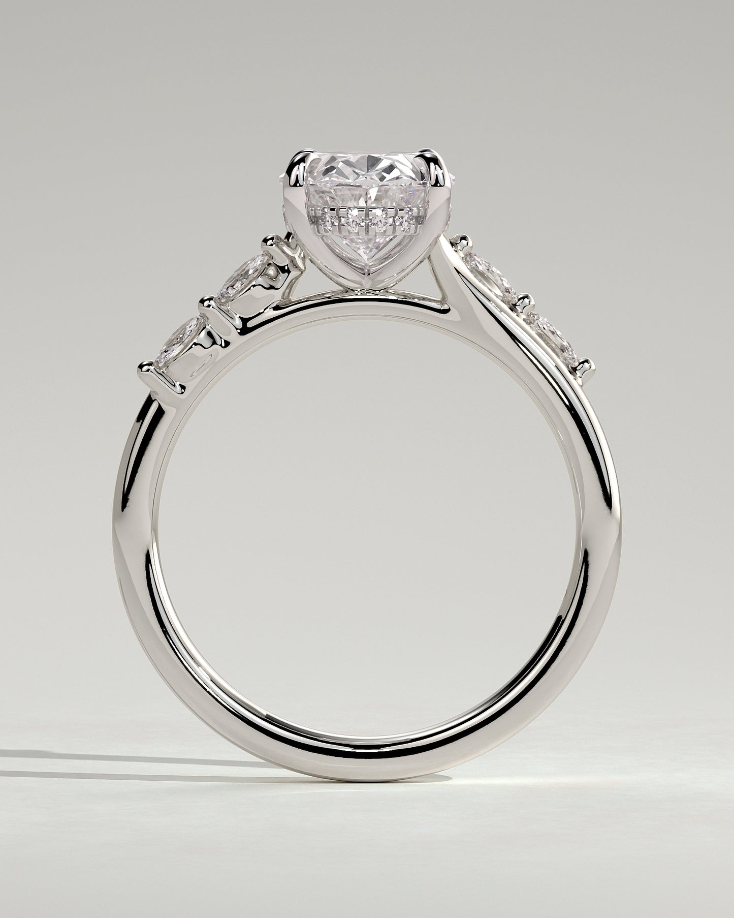 Jamie - Oval Claw Solitaire with Hidden Halo, Opposing Marquise Accents and Cathedral High Setting Engagement Ring - Platinum - White Gold / Platinum 2ct