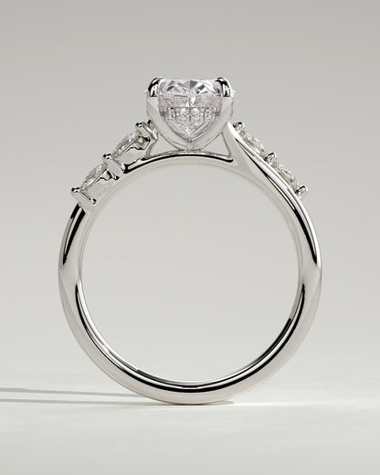 Jamie - Oval Claw Solitaire with Hidden Halo, Opposing Marquise Accents and Cathedral High Setting Engagement Ring - White Gold