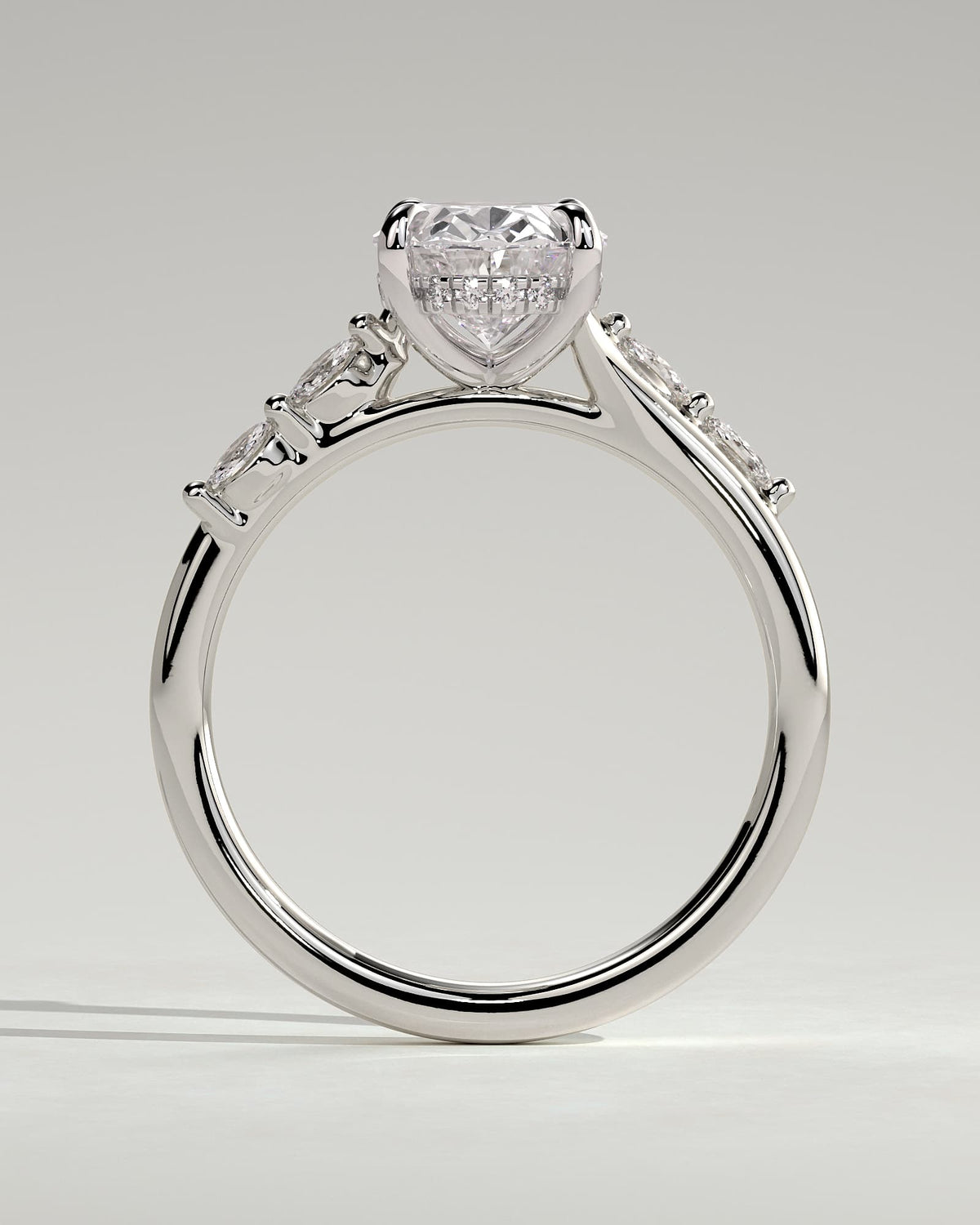 Jamie - Oval Claw Solitaire with Hidden Halo, Opposing Marquise Accents and Cathedral High Setting Engagement Ring - Platinum