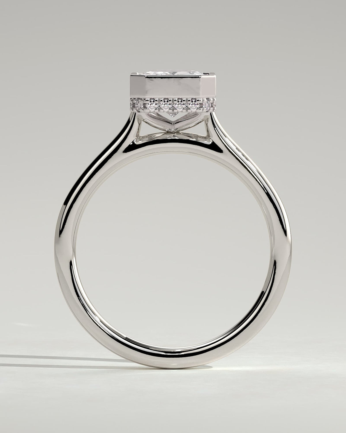 Bennie - Radiant Bezel Solitaire with Hidden Halo and Cathedral High Setting Engagement Ring - White Gold