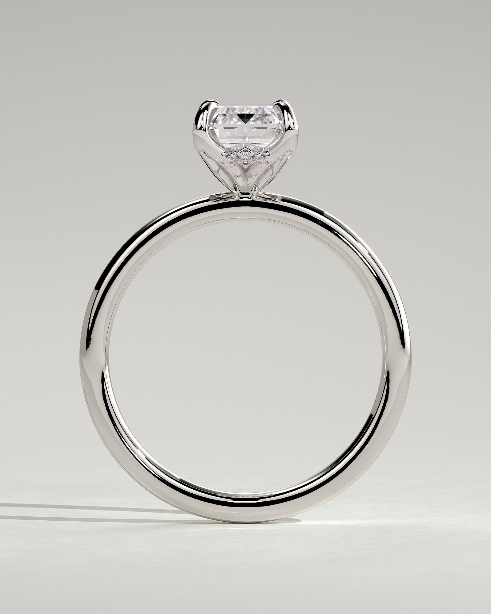 Freesia - Emerald Claw Solitaire with Petal Gallery and Accented Tiara Detail Engagement Ring - Platinum - White Gold / Platinum 2ct
