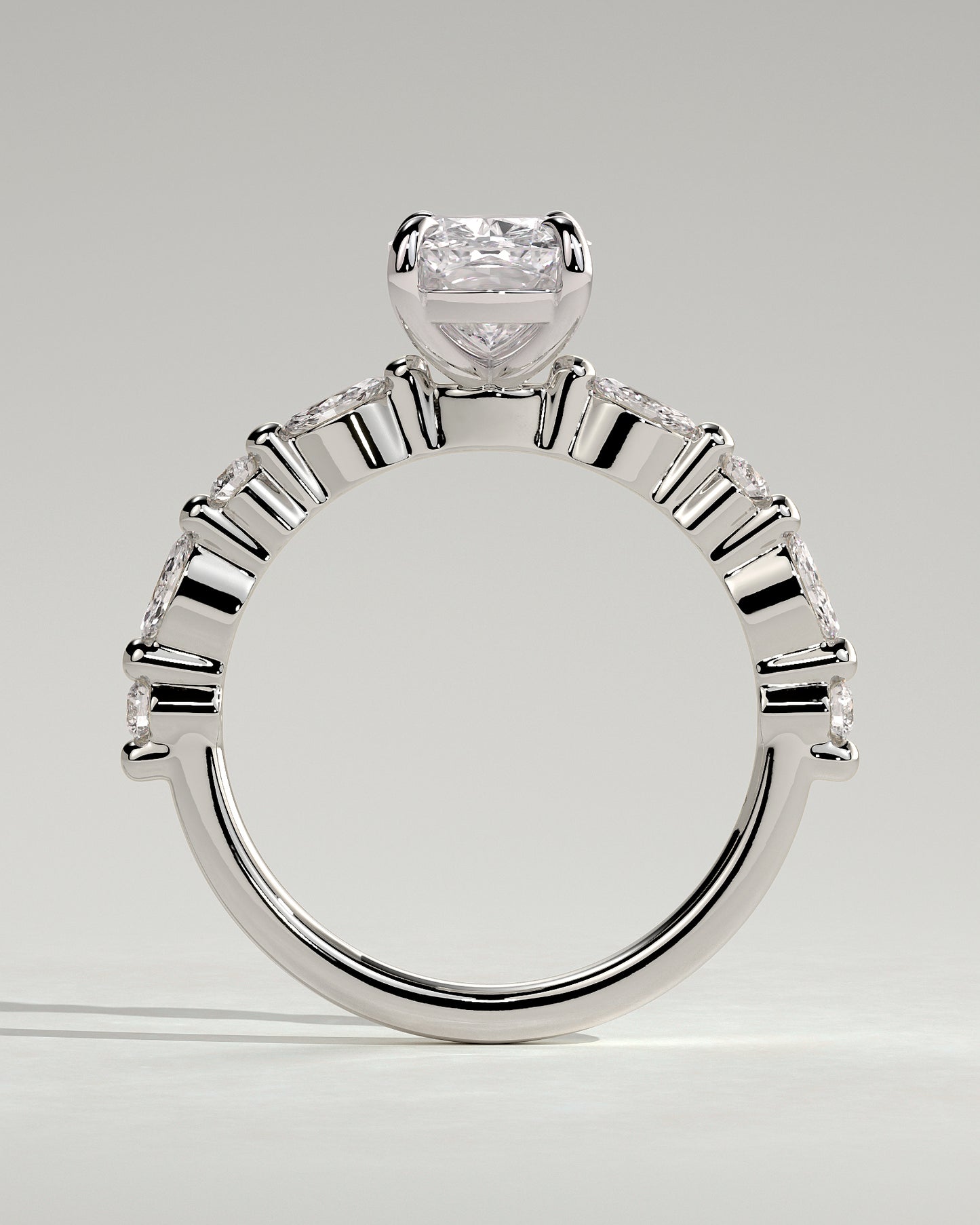 Delphine - Elongated Cushion Claw Solitaire with Marquise and Round Accent Stones Engagement Ring - Platinum - White Gold / Platinum 2ct