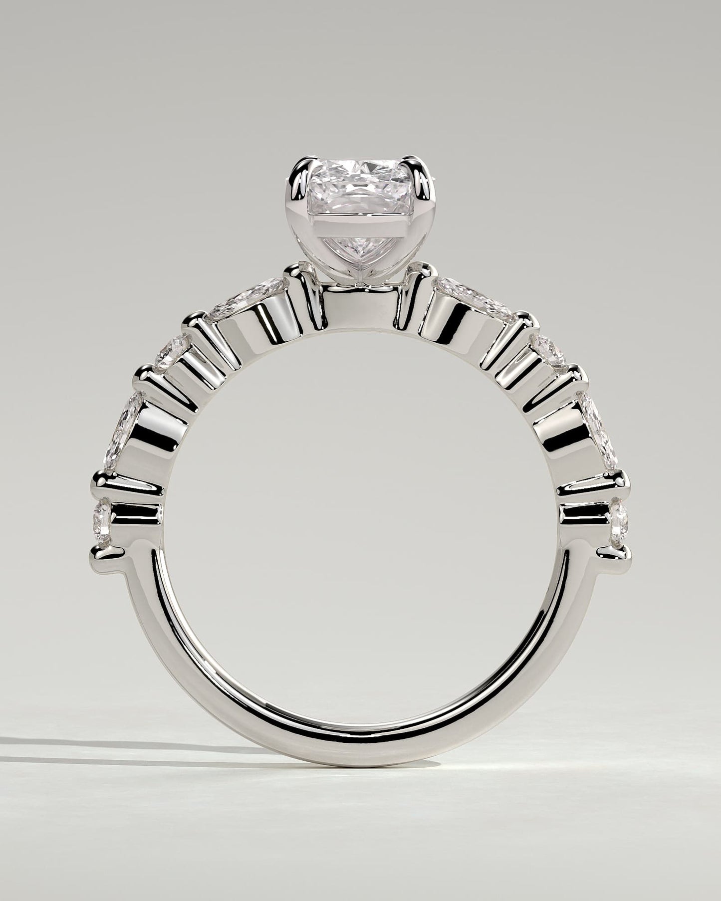 Delphine - Elongated Cushion Claw Solitaire with Marquise and Round Accent Stones Engagement Ring - White Gold