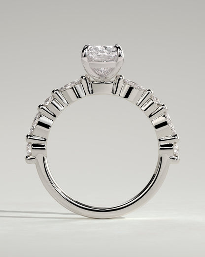 Delphine - Elongated Cushion Claw Solitaire with Marquise and Round Accent Stones Engagement Ring - White Gold