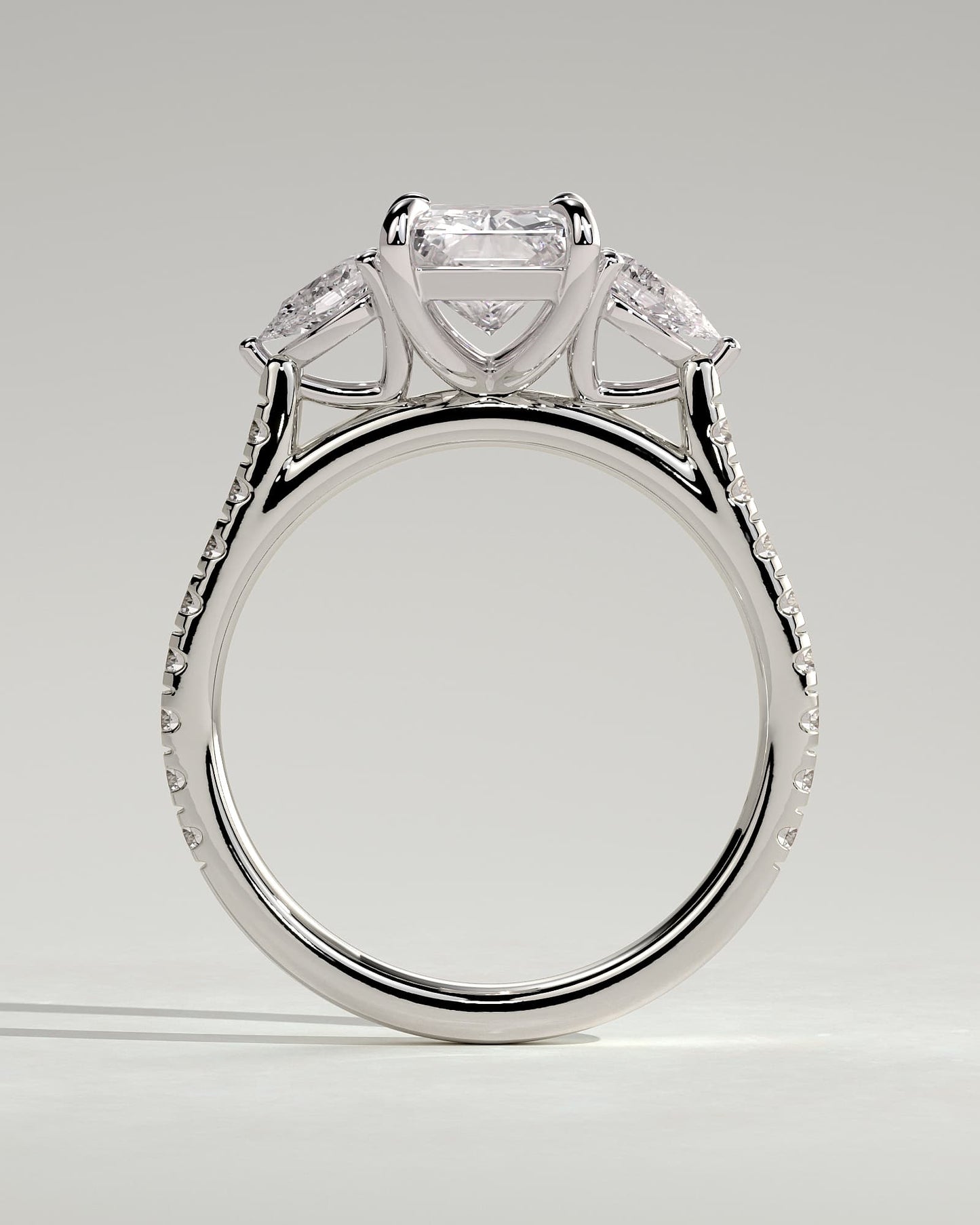 Ginny - Radiant Claw Trilogy with Pear Side Stones and Pave Band Engagement Ring - White Gold