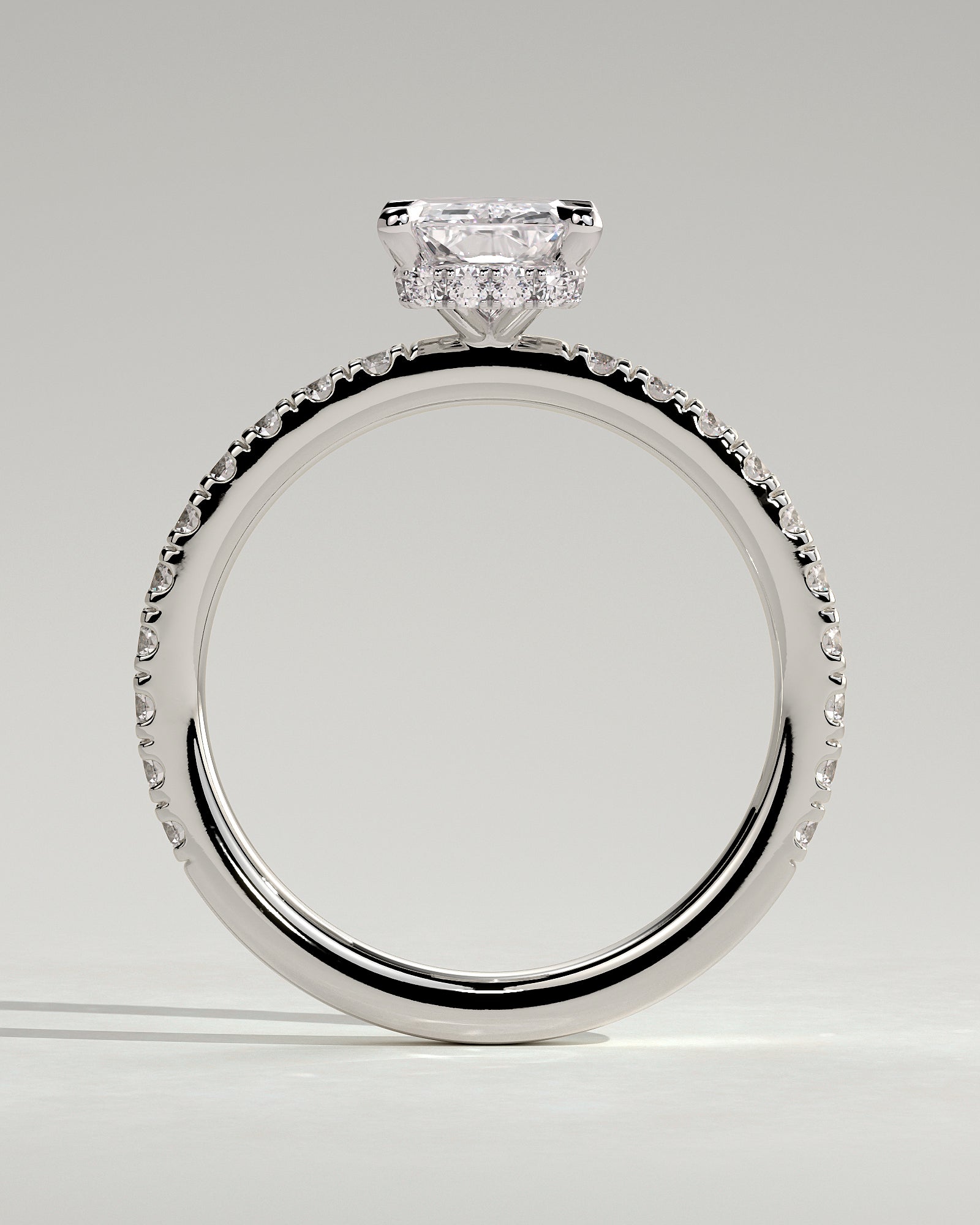 Ellie - Radiant Claw Solitaire with Wrap Around Hidden Halo and Pave Band Engagement Ring - Platinum - White Gold / Platinum 2ct