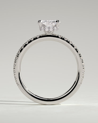Ellie - Radiant Claw Solitaire with Wrap Around Hidden Halo and Pave Band Engagement Ring - Platinum