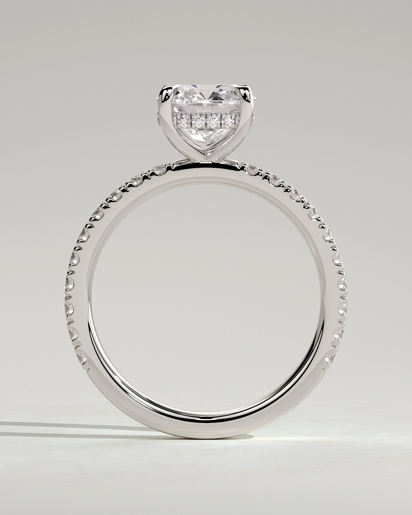 Claudia - Cushion Claw Solitaire with Hidden Halo and Pave Band Engagement Ring - Platinum - White Gold / Platinum 2ct