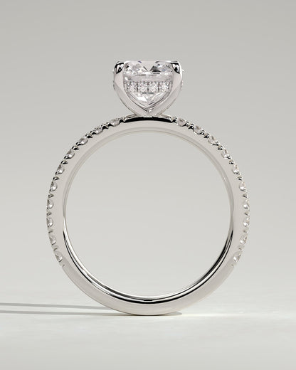 Claudia - Cushion Claw Solitaire with Hidden Halo and Pave Band Engagement Ring - Platinum