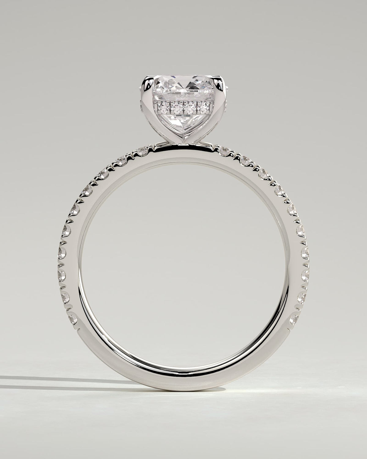 Claudia - Cushion Claw Solitaire with Hidden Halo and Pave Band Engagement Ring - White Gold
