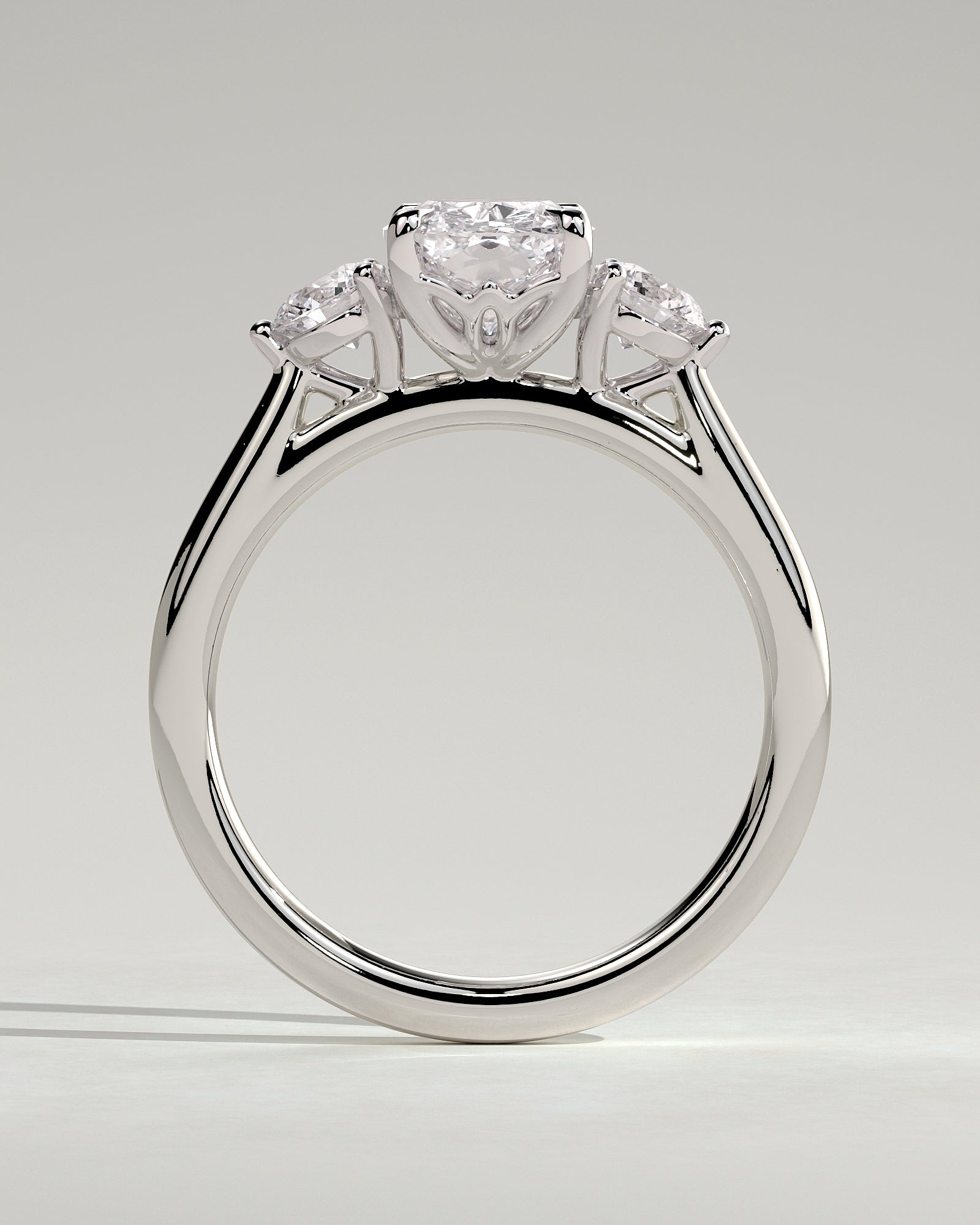 Charmaine - Elongated Cushion Claw Trilogy with Round Side Stones and Lily Detail Engagement Ring - Platinum - White Gold / Platinum 2ct