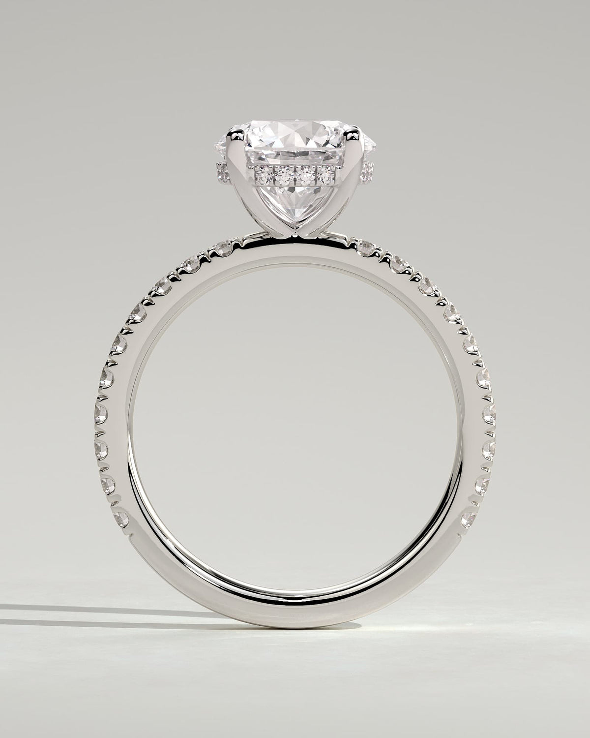 Charlie - Round Claw Solitaire with Hidden Halo and Pave Band Engagement Ring - White Gold