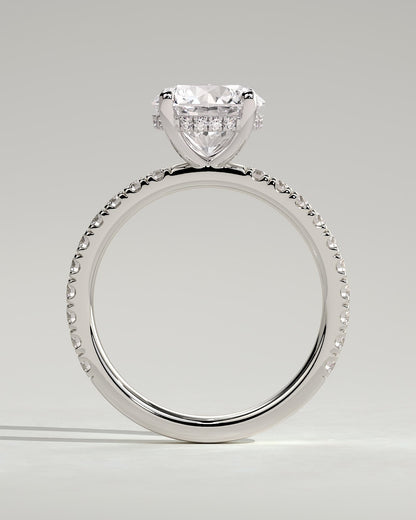 Charlie - Round Claw Solitaire with Hidden Halo and Pave Band Engagement Ring - White Gold