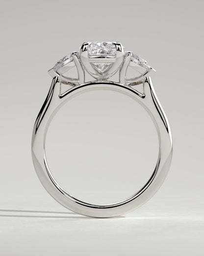 Cataleya - Elongated Cushion Claw Trilogy with Pear Side Stones and Cathedral Setting Engagement Ring - White Gold